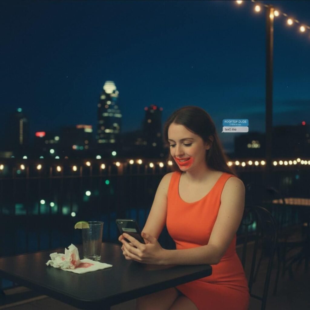 Woman with smeared lipstick on a rooftop date