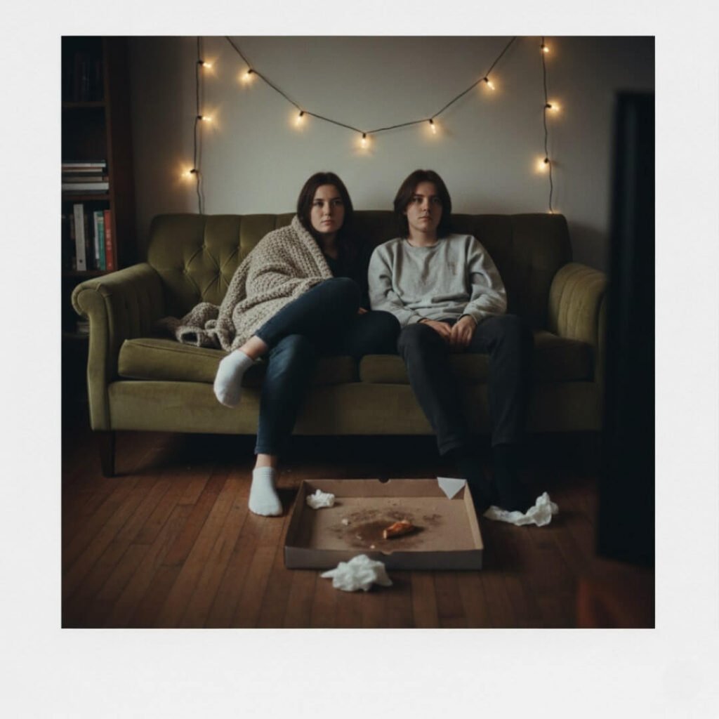 Polaroid of two people on a couch, empty pizza box.