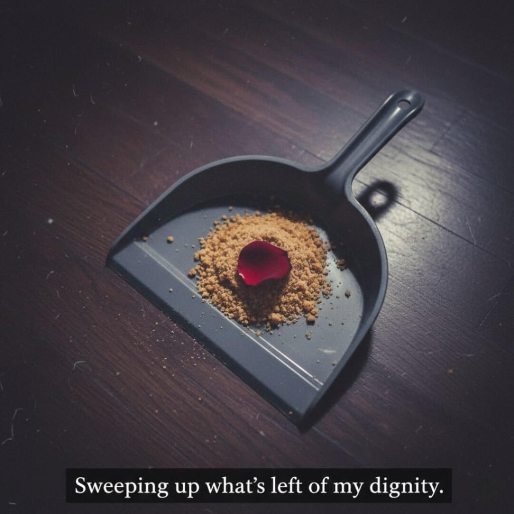 Dustpan with breadcrumbs and a single rose petal.