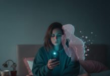 AI Girlfriends & Boyfriends: The Future of Digital Companionship Woman on bed, phone glow, holographic man, lonely night.