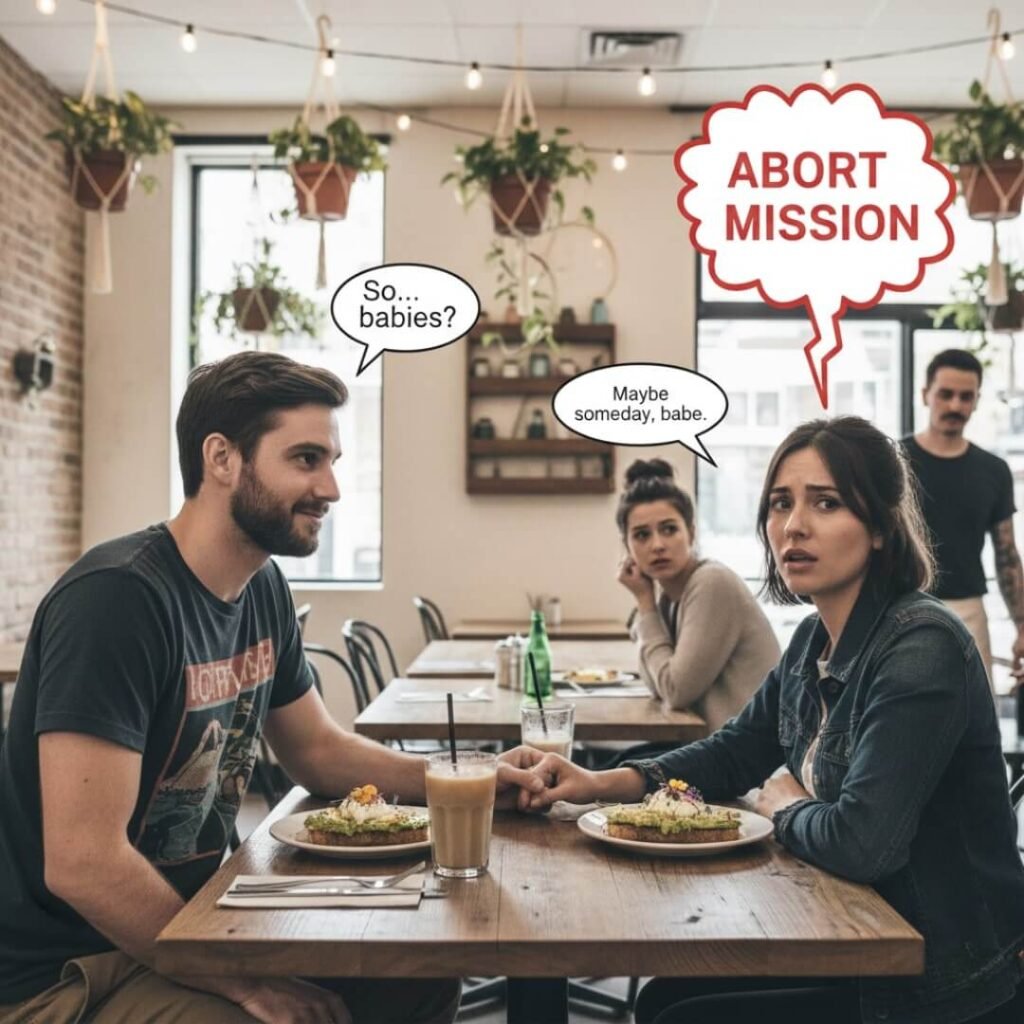 A couple at brunch, one thinking "ABORT MISSION".