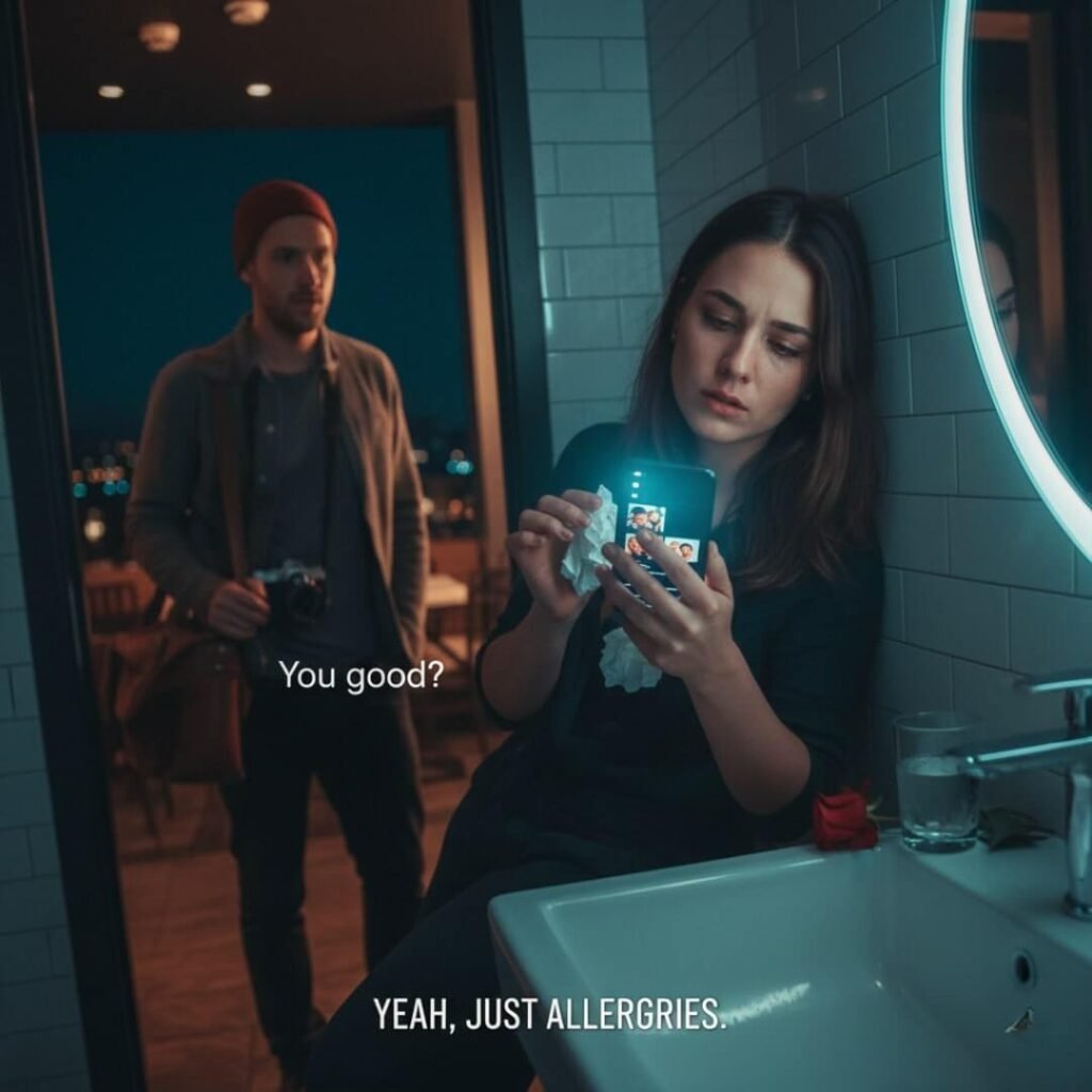 Woman on date doom-scrolling ex's Instagram in bathroom.