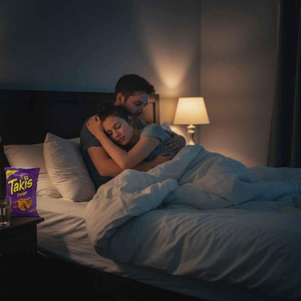 A couple embracing in bed, with a bag of Takis nearby.