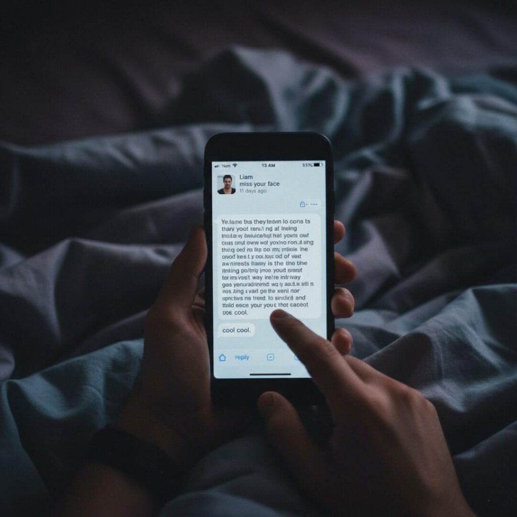 Phone screen with "miss your face" message and "cool cool" reply.