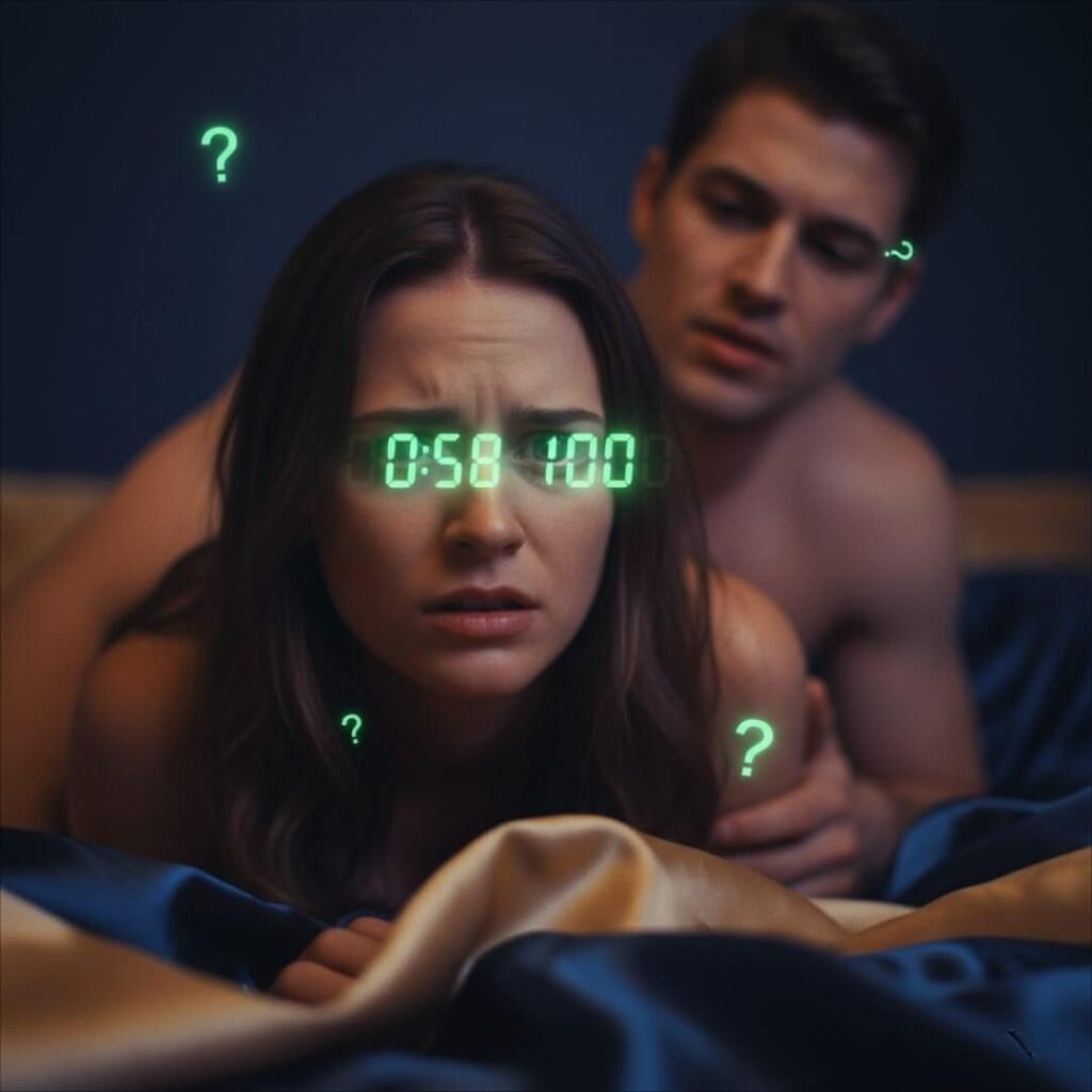 A woman with a digital timer on her face during intimacy.