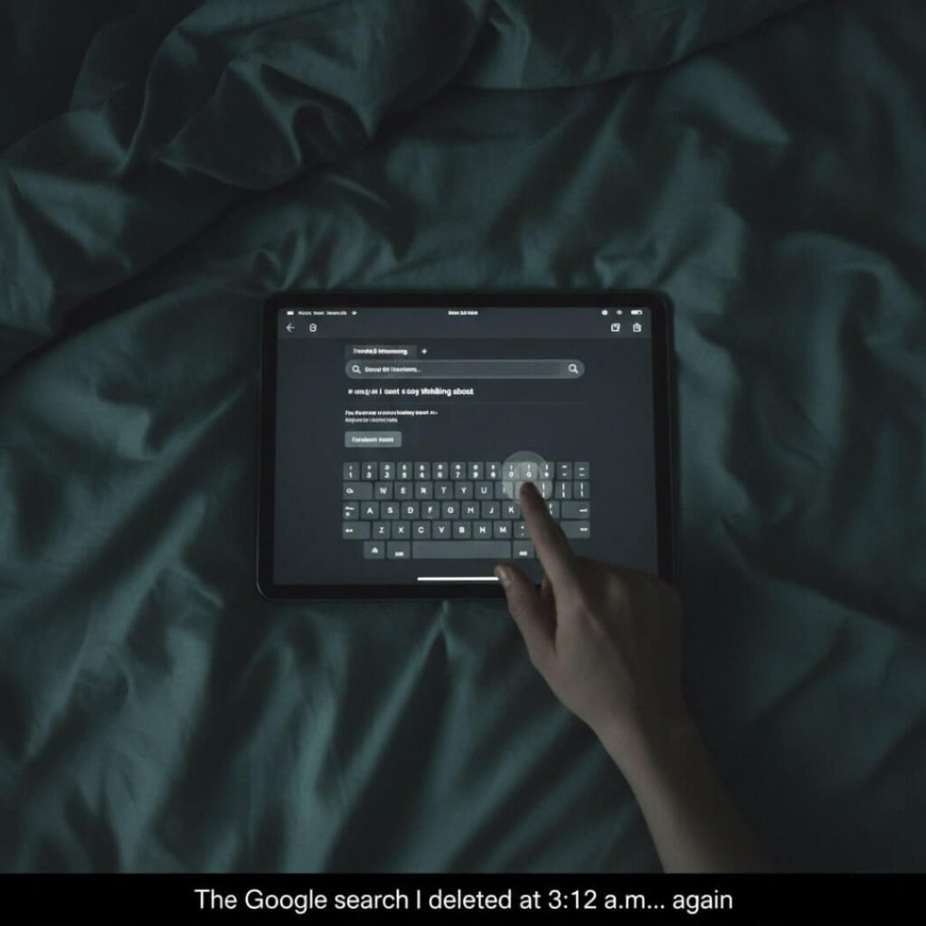 Overhead shot of iPad with incognito tab on duvet.