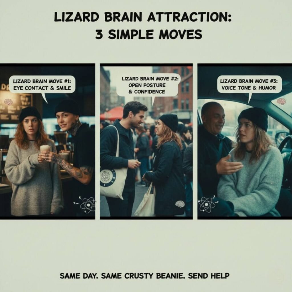 Three panels showing "Lizard Brain Attraction" techniques with the same person.