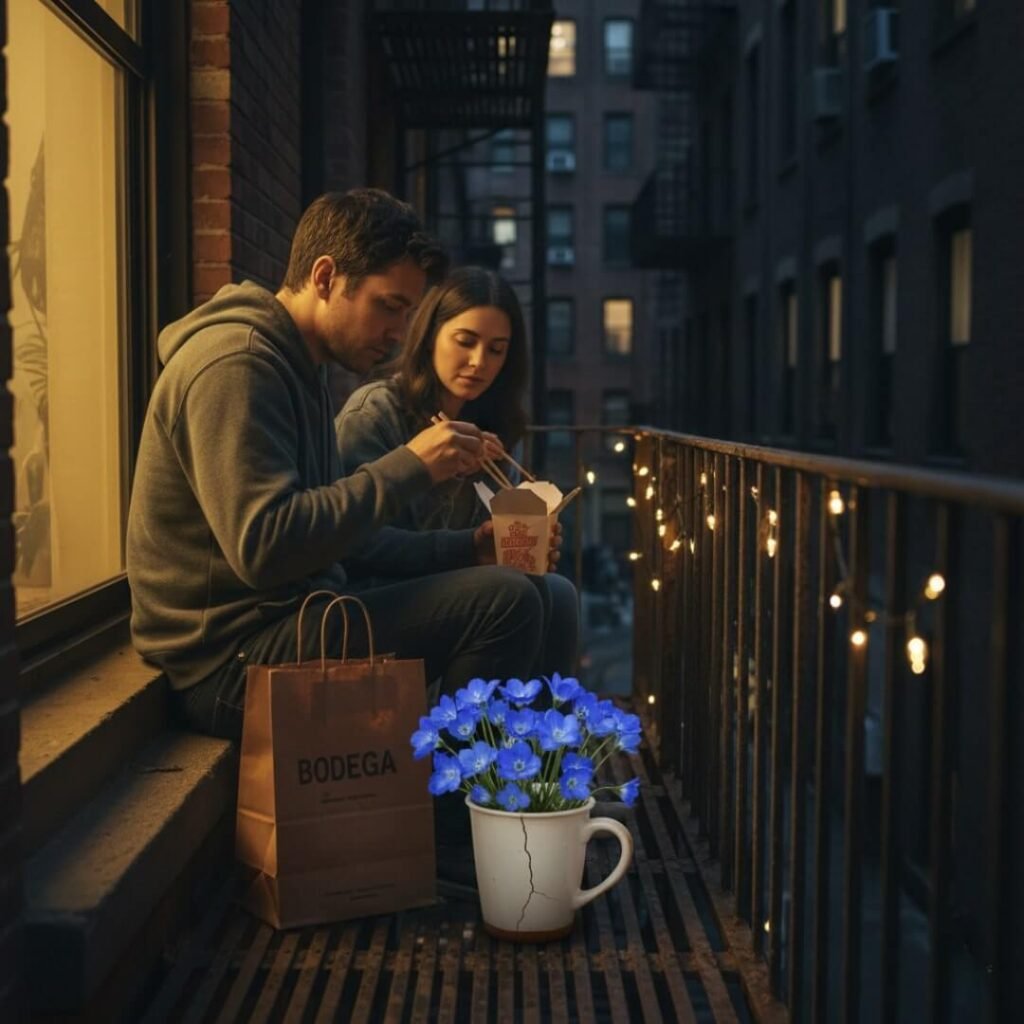 "Couple on fire escape with flowers"