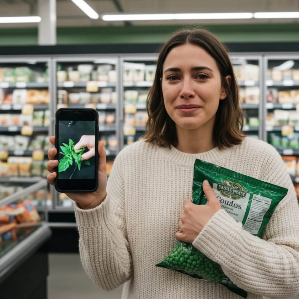 Woman in freezer aisle, phone with tomato leaf video.