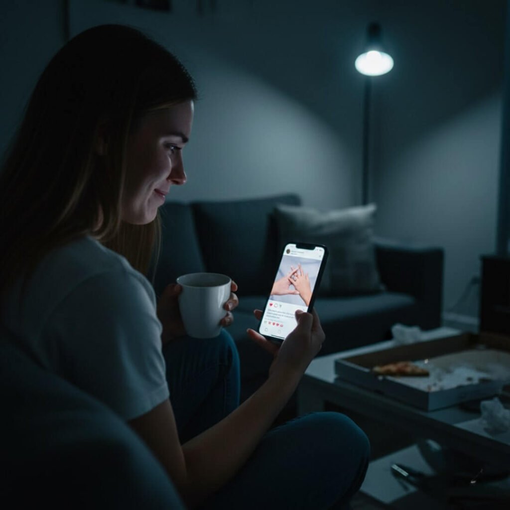 Woman on couch, looking at an engagement ring post on her phone.