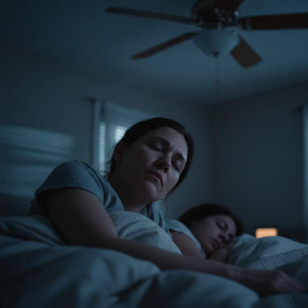 A woman lies awake next to her sleeping partner, a fan spinning above.