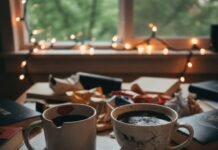Best Conversation Starters for People Who Hate Small Talk Mismatched coffee mugs, notebook, and Christmas lights on a cluttered table.