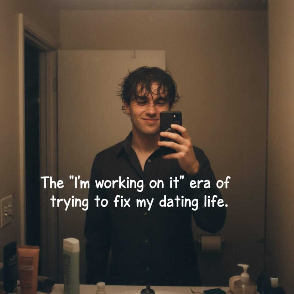 Grainy mirror selfie of a guy with wet hair, half-smirking.