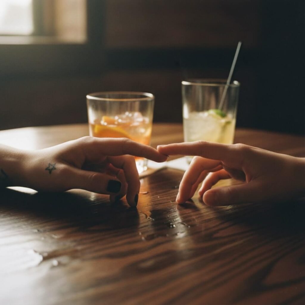 Two hands almost touching over sticky wood with drinks.