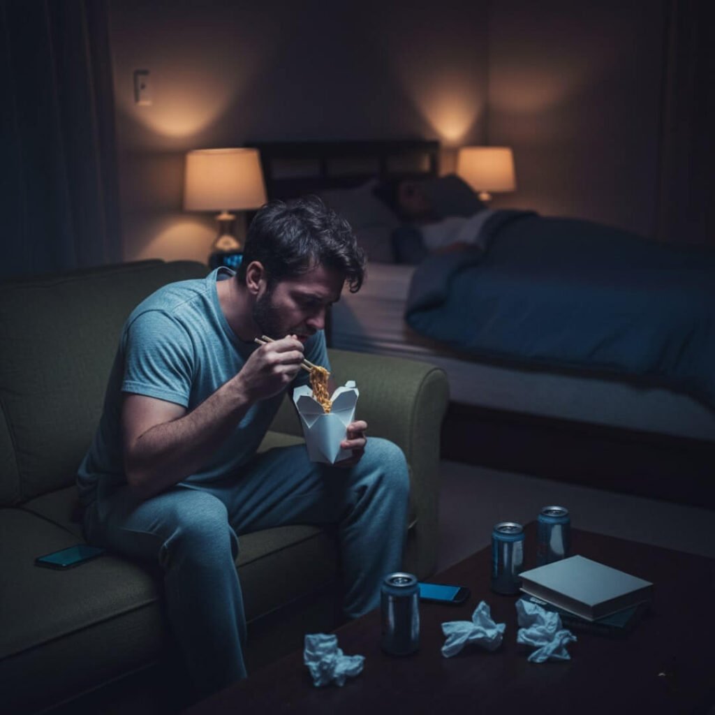 Man eating lo mein on couch, woman pretending to sleep in background.