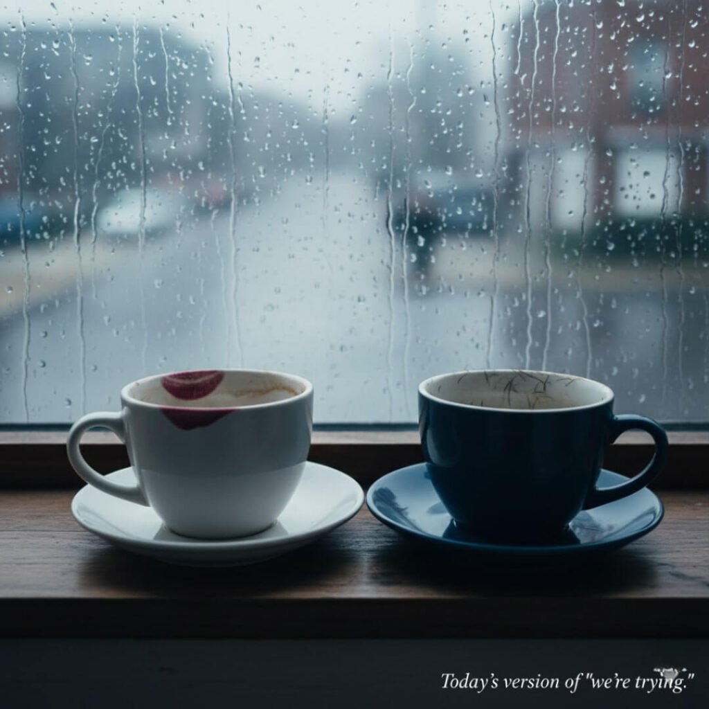 Two mugs on a rainy windowsill, one with lipstick, one with beard hairs.