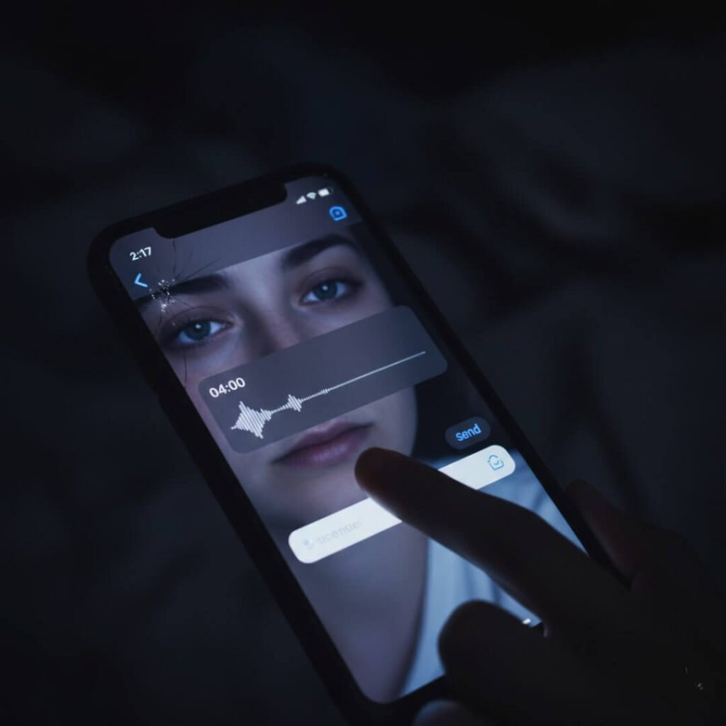Phone screen with unsent voice note, glowing on a tired face.