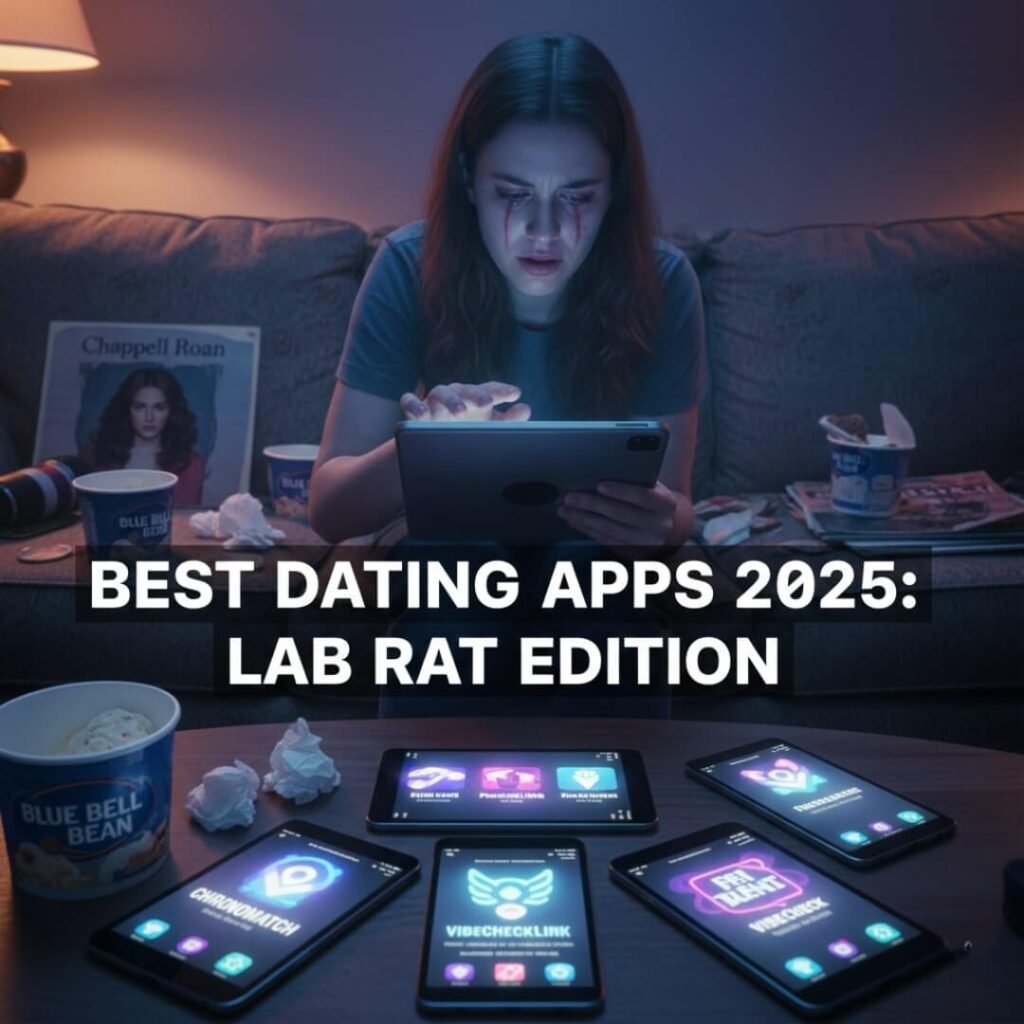 Woman on couch, crying, surrounded by dating apps and ice cream.