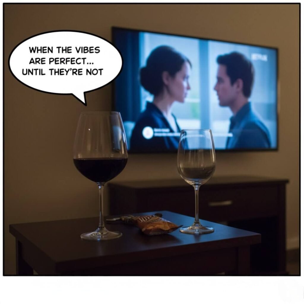 Wine glasses, TV, "When the vibes are perfect... until they're not."