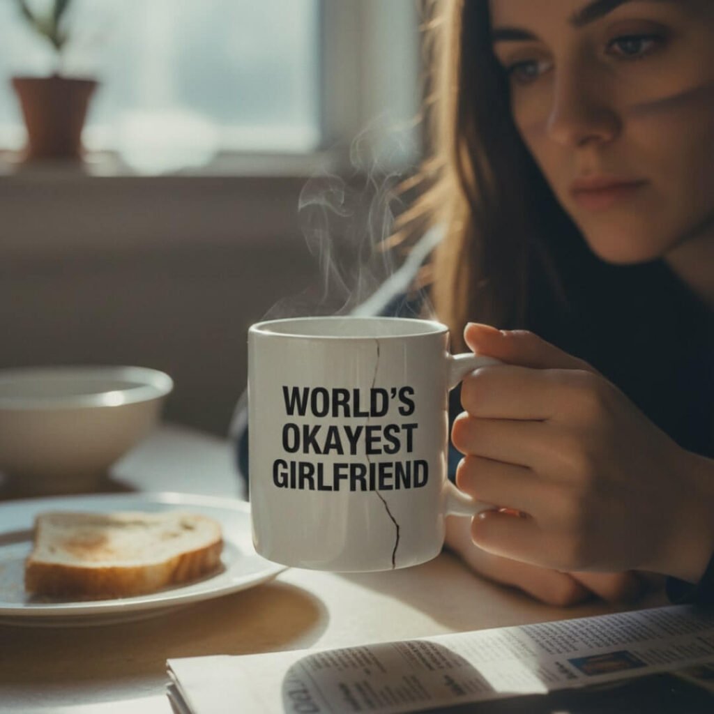 Close-up of a cracked "World's Okayest Girlfriend" mug, held by a woman.