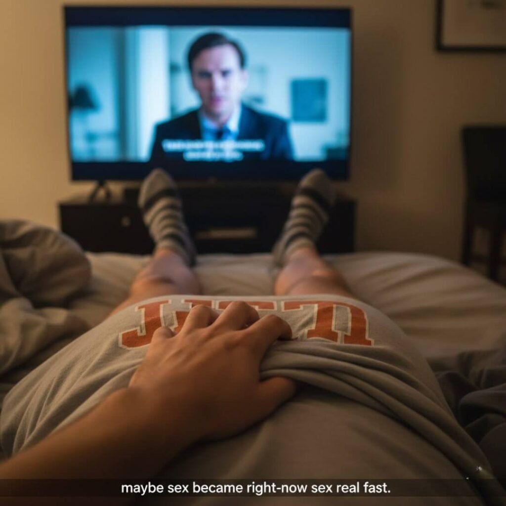 First-person view of a hand under a t-shirt, TV with Roman Roy in background.