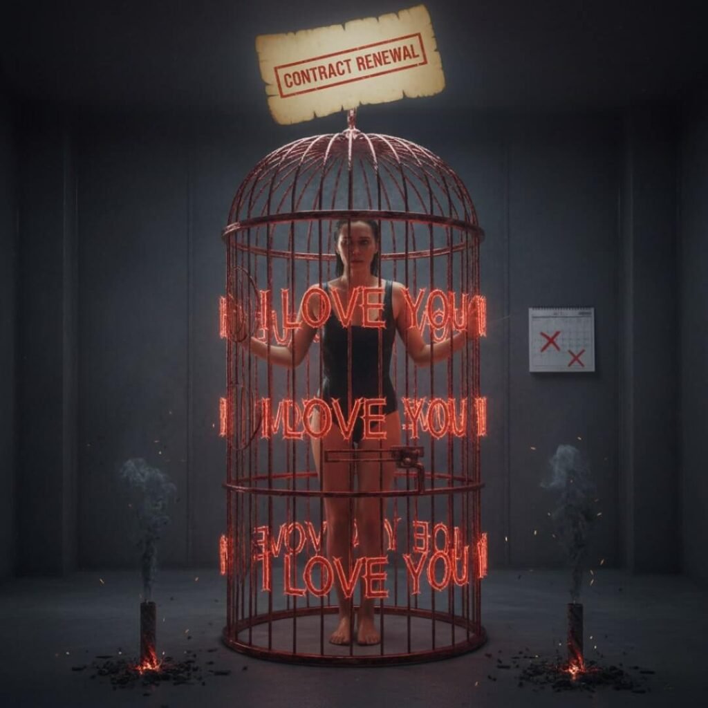 Woman trapped in a cage made of "I love you" neon signs.