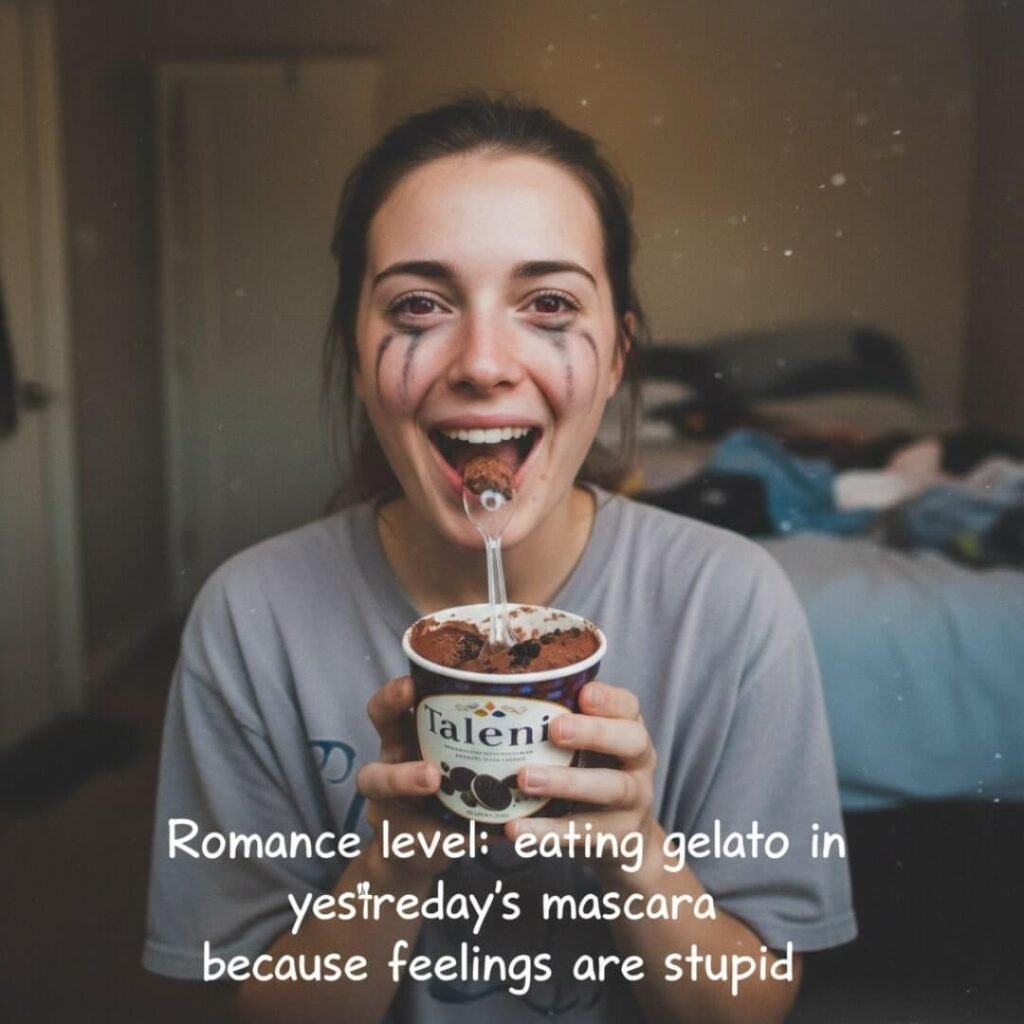 A woman with smudged mascara eats gelato, cry-laughing.