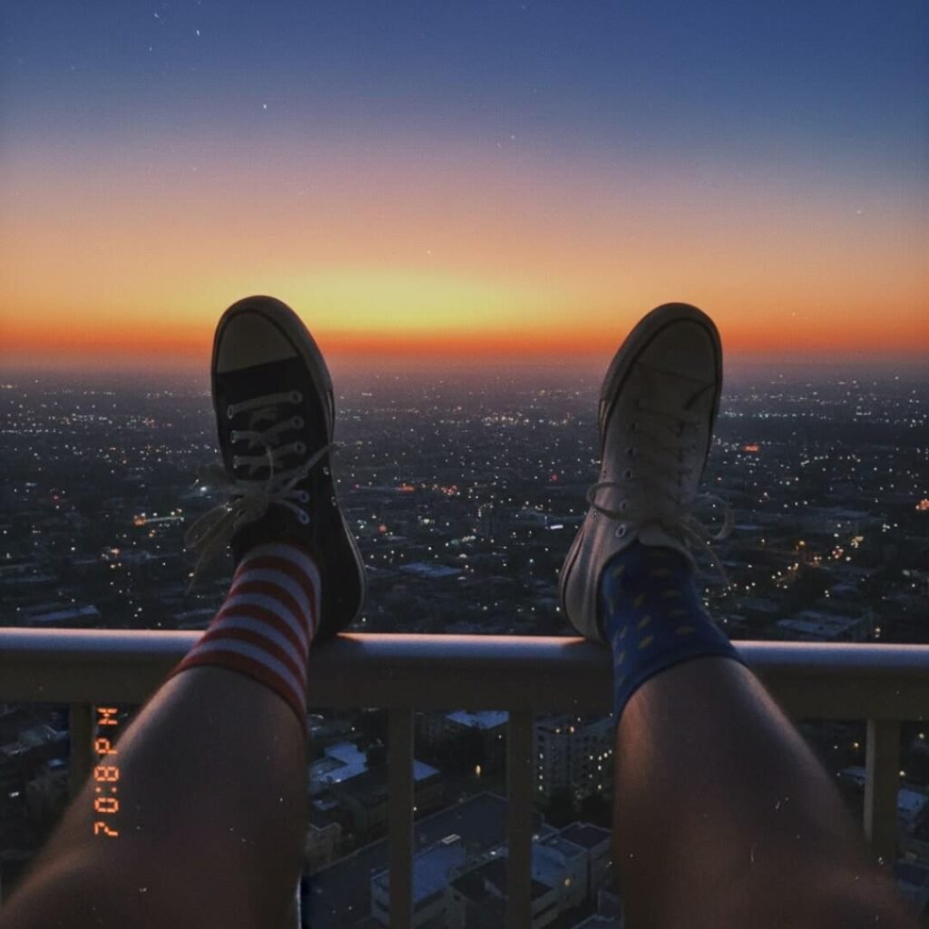 Legs with mismatched socks and Converse dangling from a hotel balcony at sunset.
