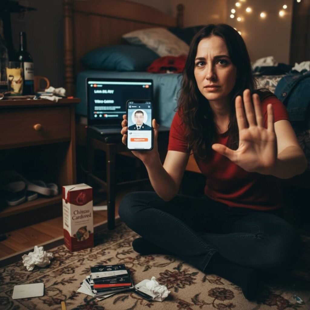 Woman with phone showing a scam profile, hand raised to stop.
