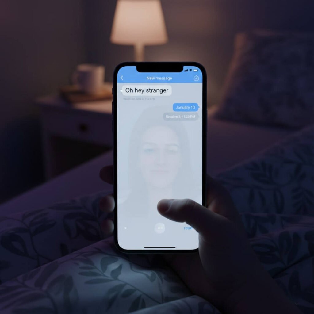"Oh hey stranger" text message, glowing phone in dark.
