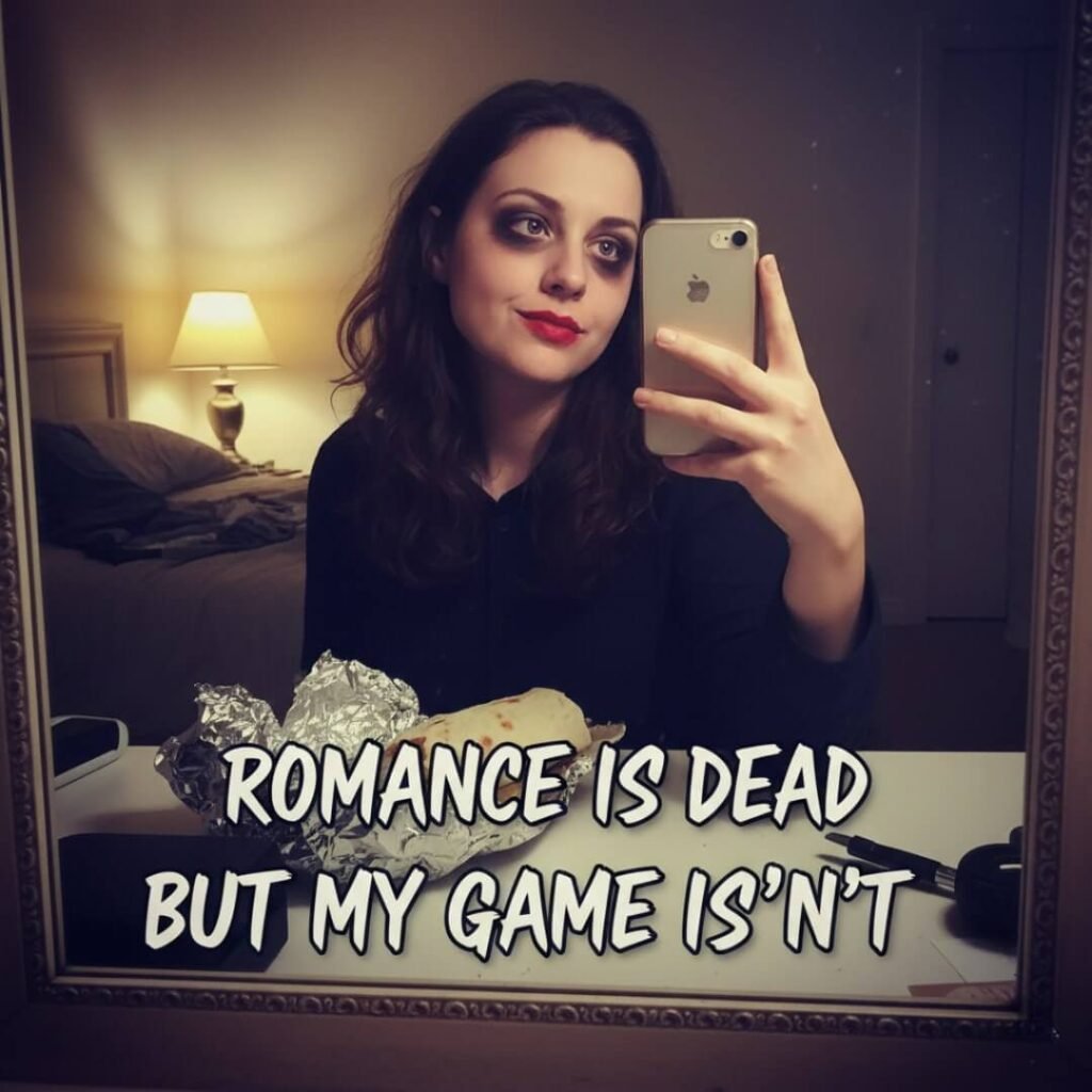 Woman takes mirror selfie with messy makeup and a burrito, text overlay.