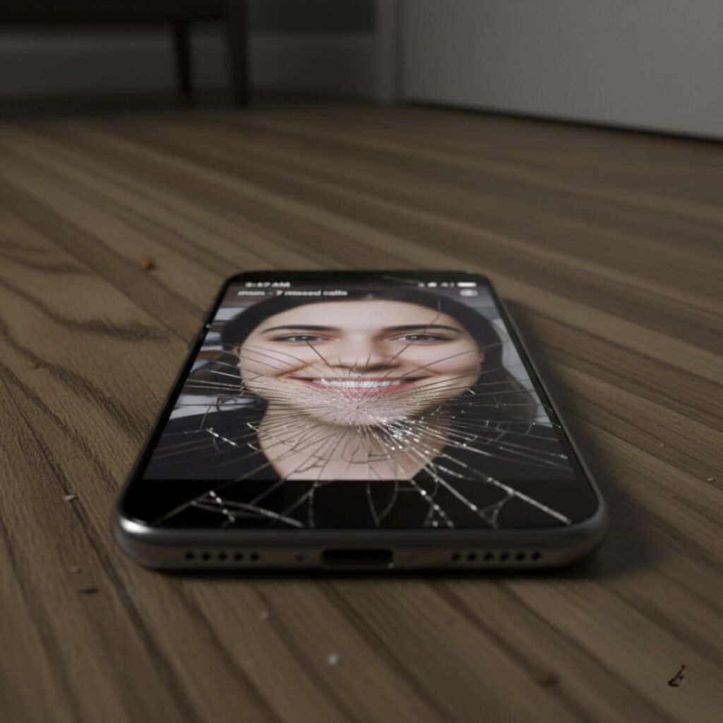 Cracked phone screen over a fake smile, 7 missed calls.
