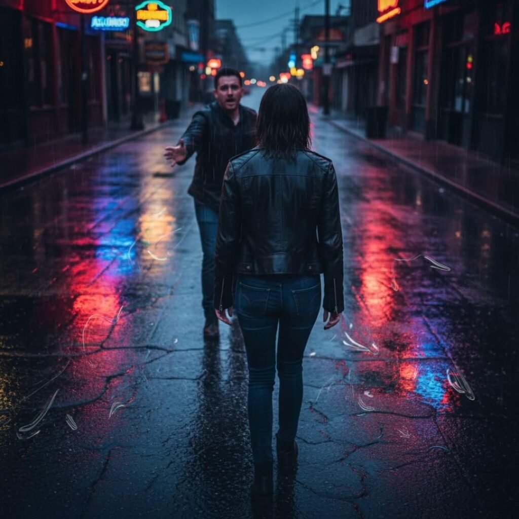 A person walking away from another in the rain on a neon-lit street.