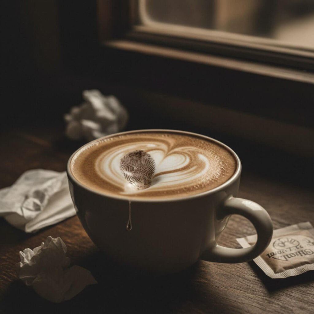 A latte with a smudged heart design.