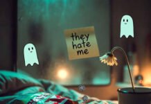 How to Stop Overthinking in Relationships (Backed by Psychology)? Spilled chips on rumpled bed, glowing phone, wilted daisy, "they hate me" note, floating ghost motifs.