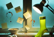 The Psychology of Attachment Styles in Relationships Tangled red thread over cracked heart, forgotten cereal, sock on lamp, floating apology notes.