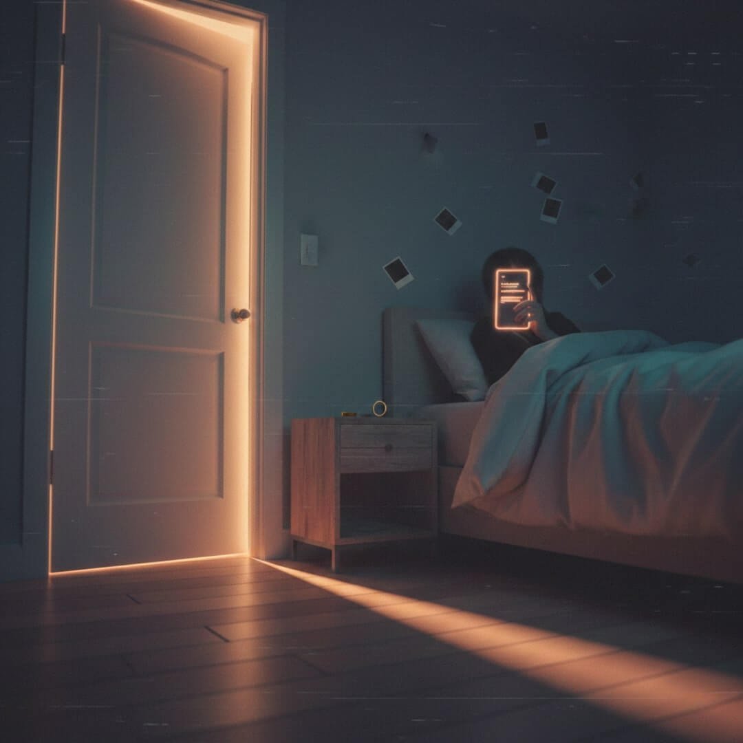 Why People Hide Their Real Desires from Partners A bedroom at 2 AM with a person looking at a phone in bed.