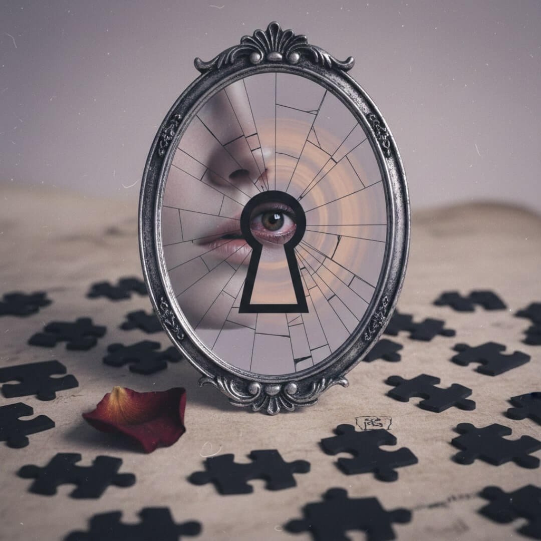 How to Decode Someone’s Hidden Insecurities Cracked mirror reflects eye through keyhole, puzzle pieces scattered.
