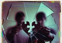 Why You Keep Choosing the Wrong Partner (Hidden Patterns) Cracked mirror reflects shadowy figures with mismatched broken-heart puzzle pieces; red yarn spills from mug.