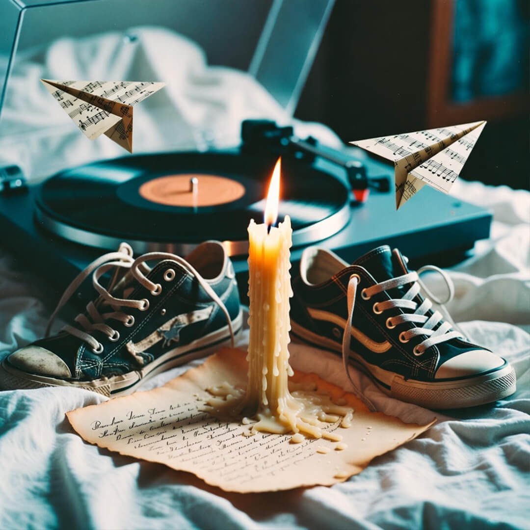 How to Rekindle a Relationship That’s Lost Its Spark? Vintage scene: melting candle on love letter, tangled sneakers, spinning vinyl, floating sheet-music planes.