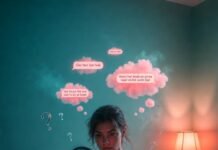 Why Intimacy Issues Start in the Mind, Not the Bedroom Woman stares into cracked mirror, pink text bubbles float.