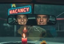 How Traumas Shape Your Attraction Patterns A cracked mirror reflects past and present self, motel sign.