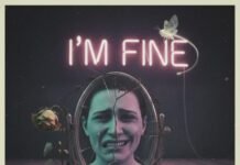 7 Forbidden Emotions Every Human Experiences Cracked mirror reflection of crying/smiling face, neon "I'M FINE."