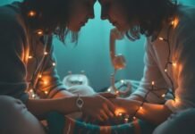 7 Signs You’re in a Healthy, Respectful Sexual Relationship Two people forehead-to-forehead, handcuff charm, poetry, teal and amber.