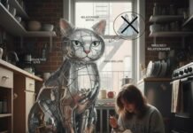 Relationship Myths That Are Quietly Ruining Your Love Life Woman eating by giant, cracked-mirror cat balloon.